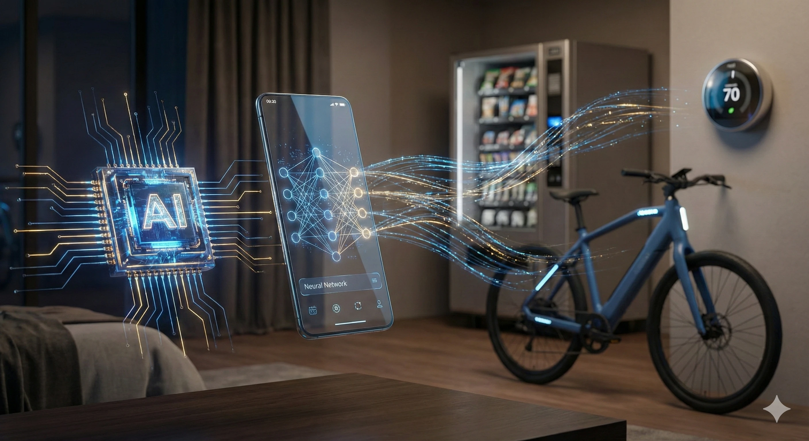 Rappresentazione visiva e tecnologica di un agente ai app connesso a dispositivi fisici IoT e smartphone.