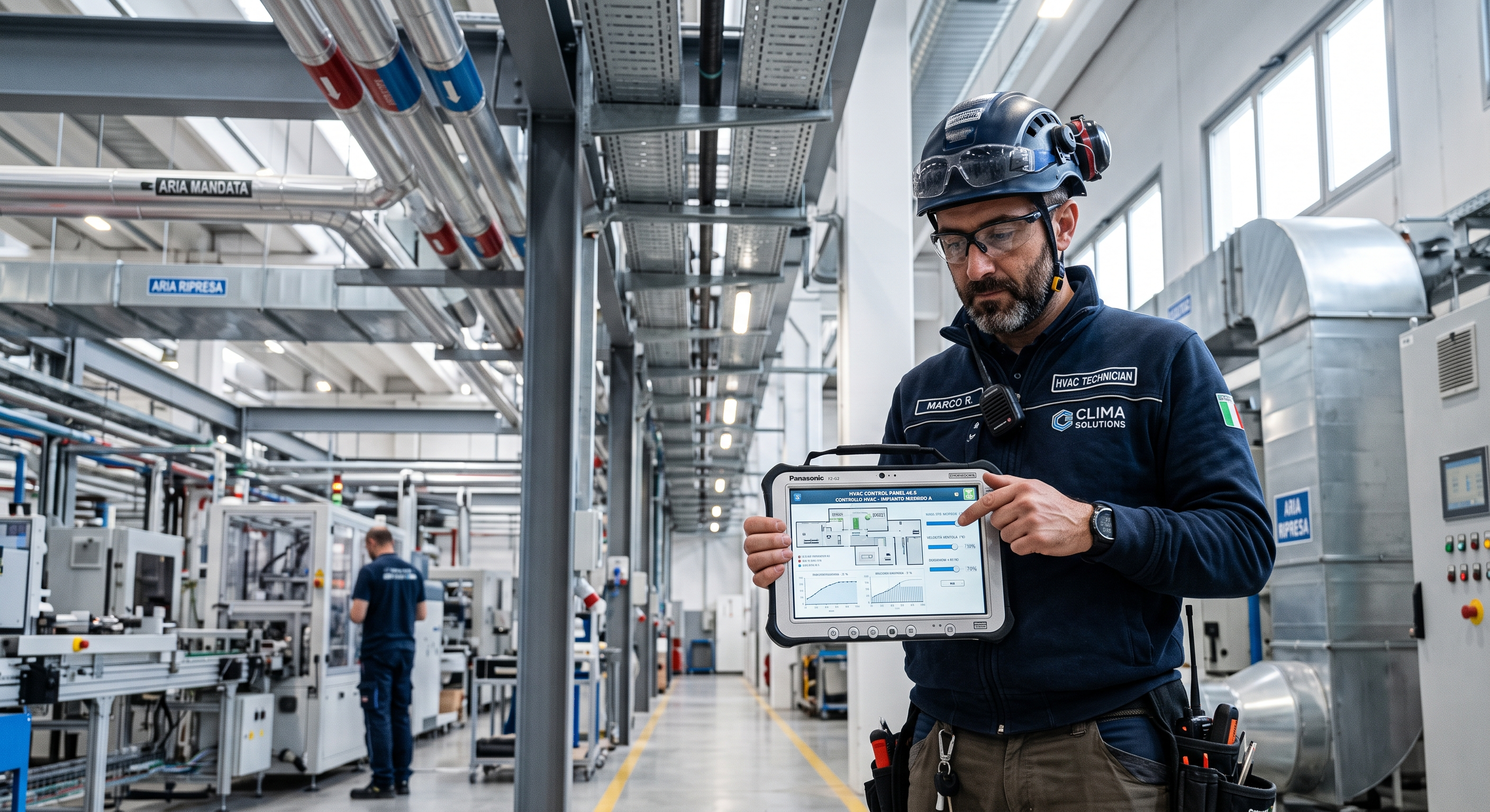 Un tecnico utilizza un'app HVAC su tablet per il controllo remoto della climatizzazione in un impianto industriale moderno
