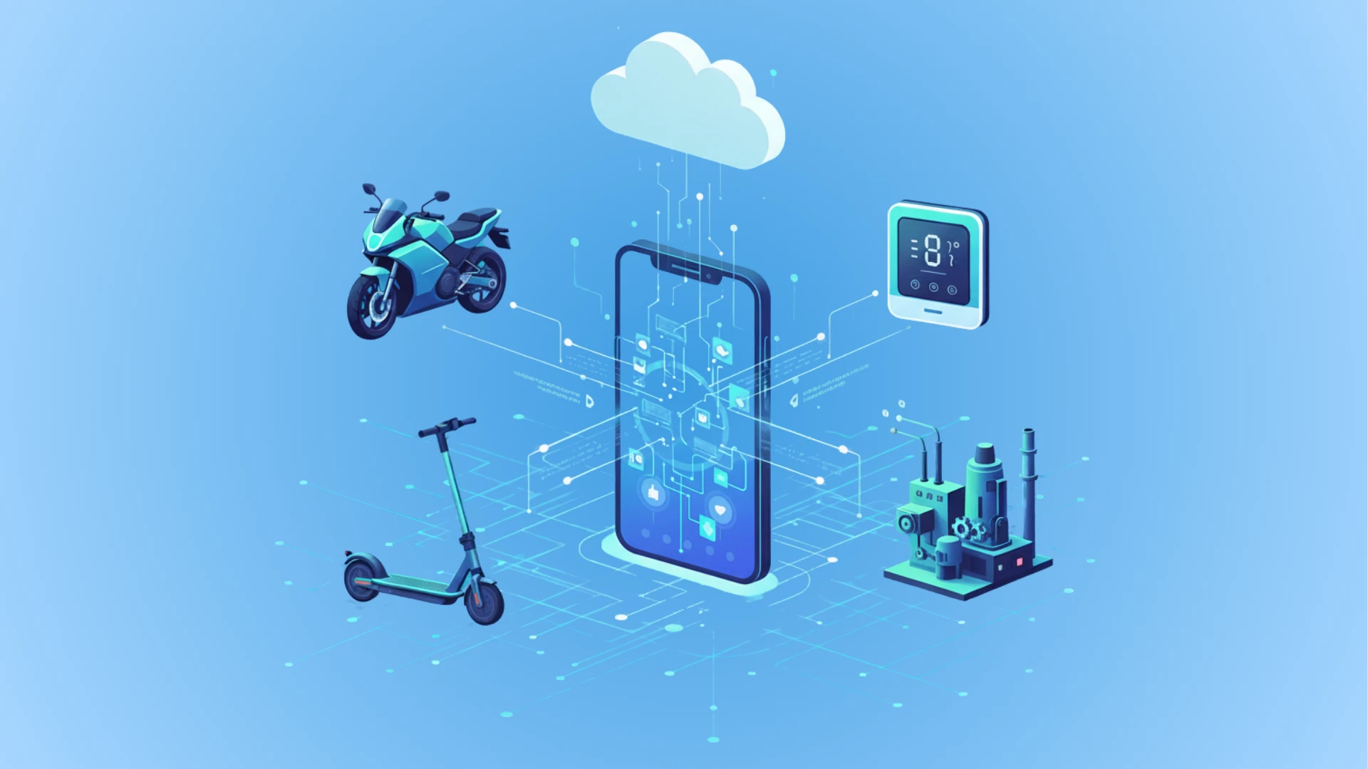 Schema di connessioni che rappresentano una connectivity app tra smartphone, cloud e dispositivi IoT.