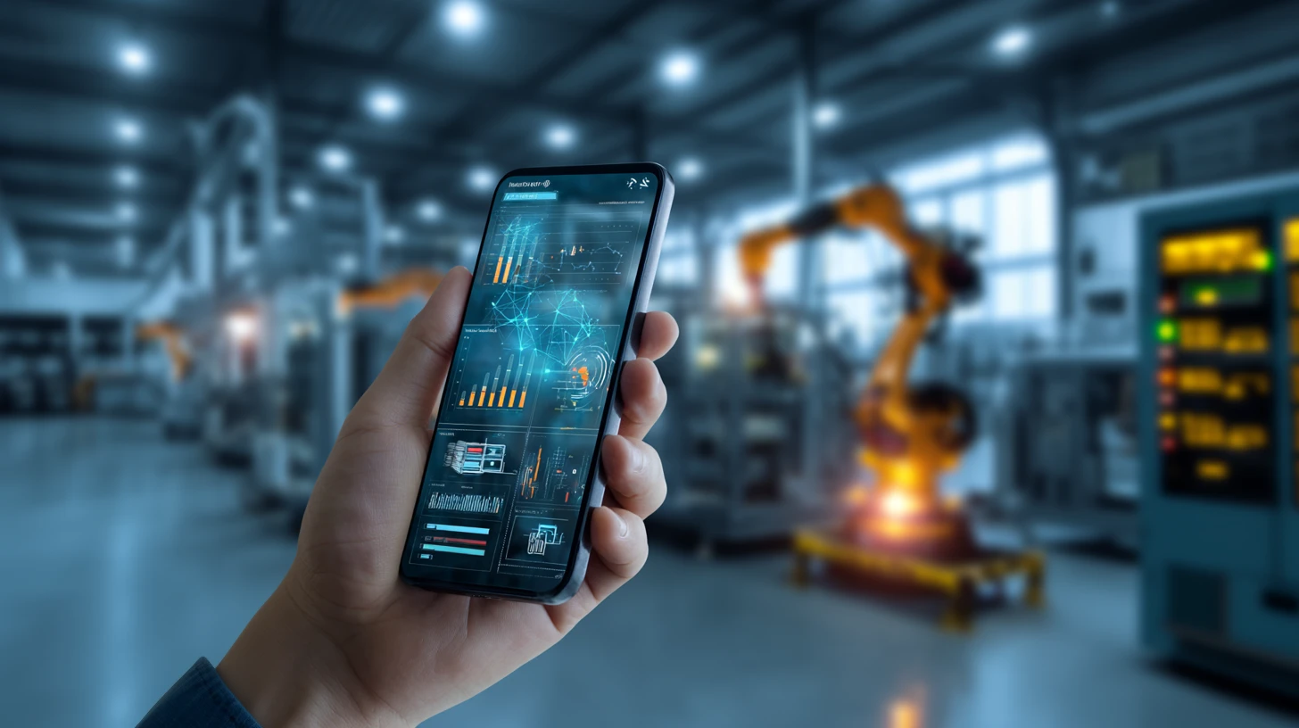 Uno smartphone che mostra la creazione App industria 4.0 in ambiente di produzione con macchinari robotizzati