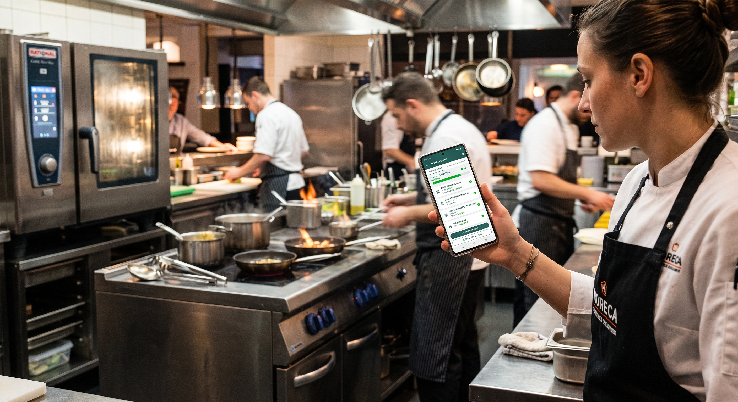 App di diagnostica preventiva per attrezzature horeca su smartphone in una cucina professionale