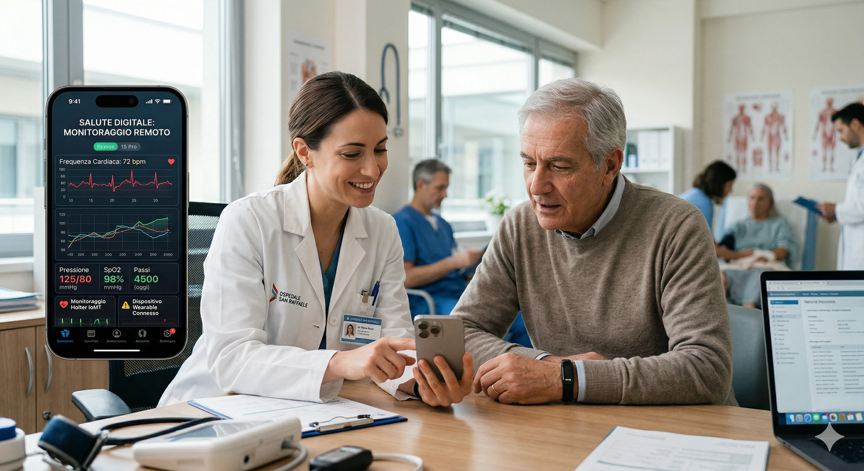 Medico e paziente che osservano dati sanitari su uno smartphone, rappresentazione visiva di un sistema IoMT (Internet of Medical Things).