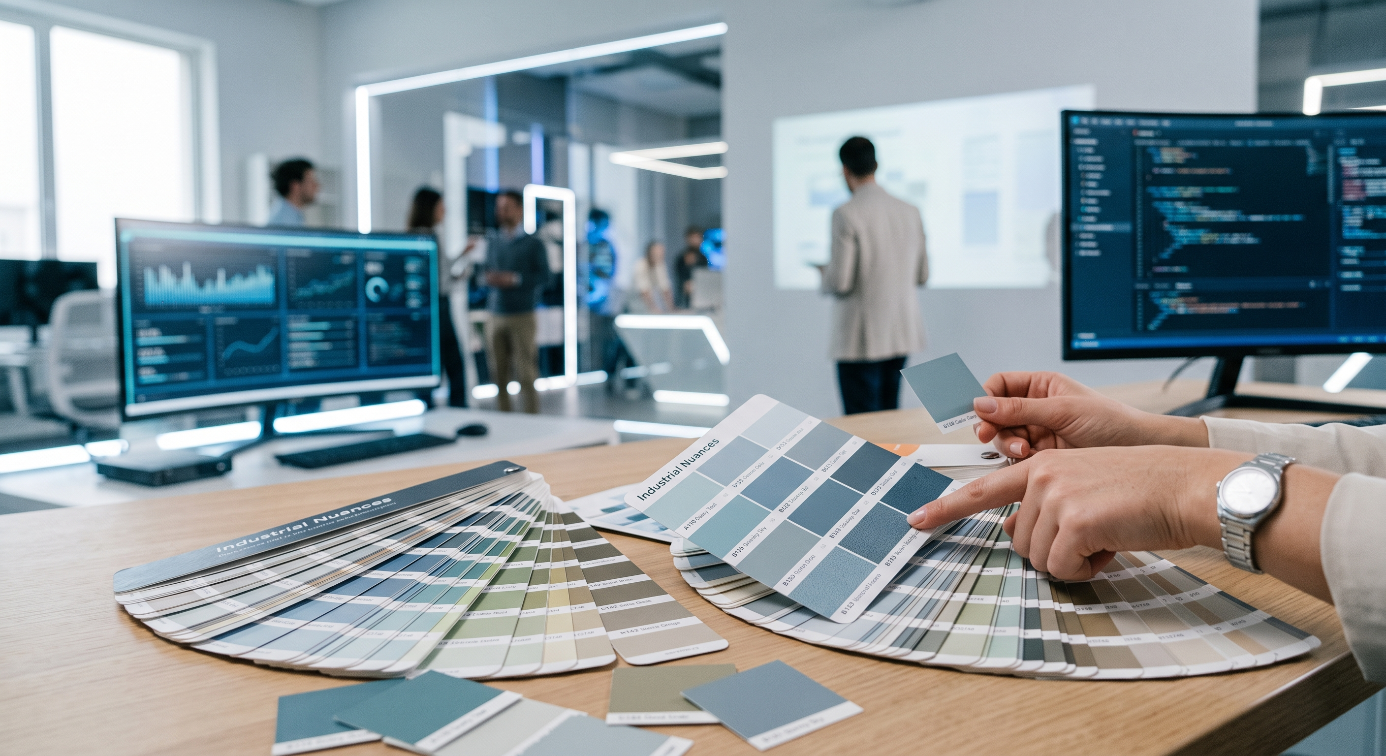 Una palette di colori fisica con campioni cromatici disposti a ventaglio, metafora visiva di come scegliere una società di sviluppo software valutando con cura ogni sfumatura del partner giusto