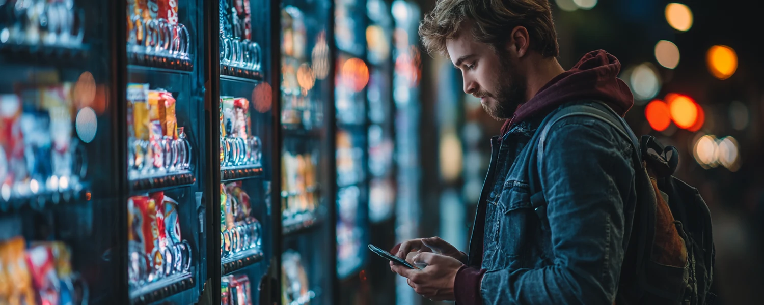 Utente utilizza un sistema di pagamento mobile su distributore automatico