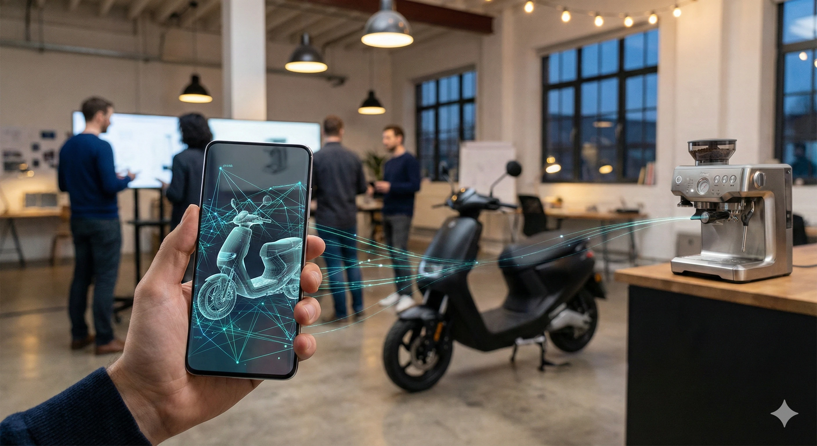 Un team di esperti di sviluppo app mobile con dispositivi connessi e IoT
